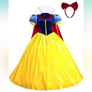 Snow White Adult Vibrant Blue and Yellow Maxi Dress with Red Details